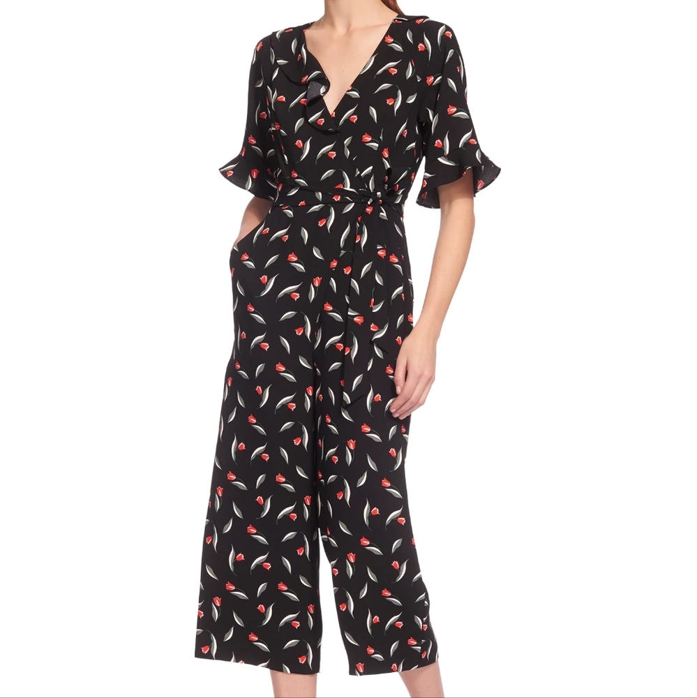 Whistles Black Wrap Jumpsuit with Red & White Tulip Print